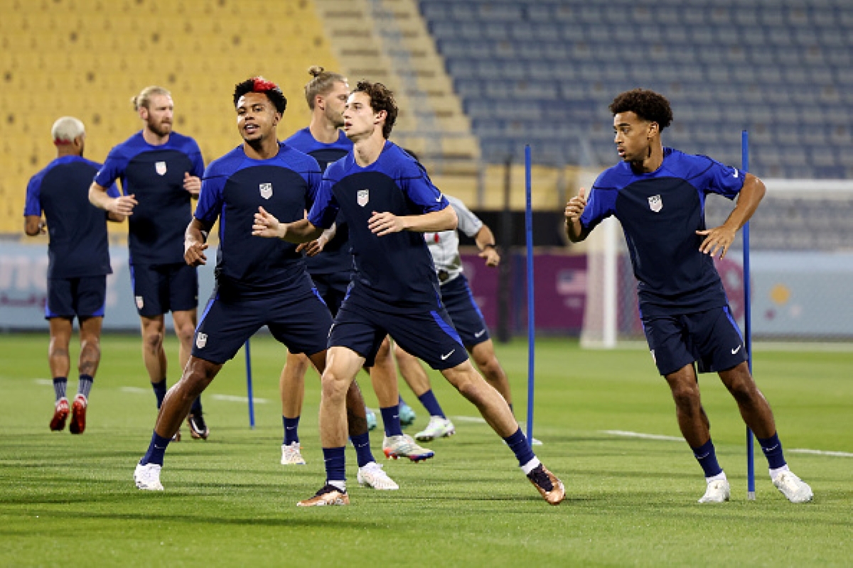 Tyler Adams, Brenden Aaronson and Weston McKennie in training as part of the USA predicted lineup