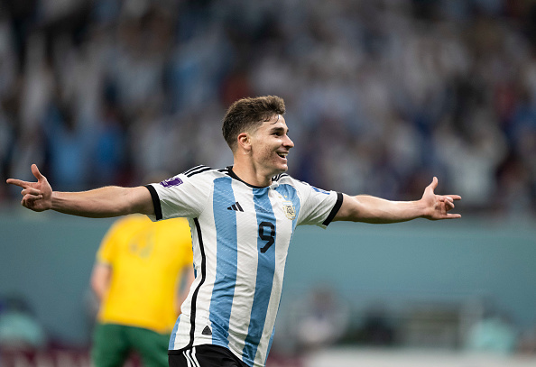 Argentina's Julian Alvarez Celebrates Scoring a Goal on December 3, 2022