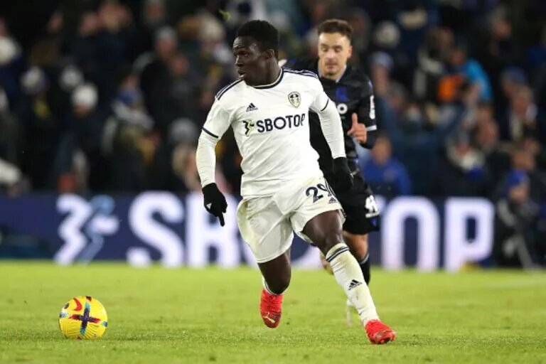 Willy Gnonto, part of the Leeds predicted lineup, dribbling with the ball