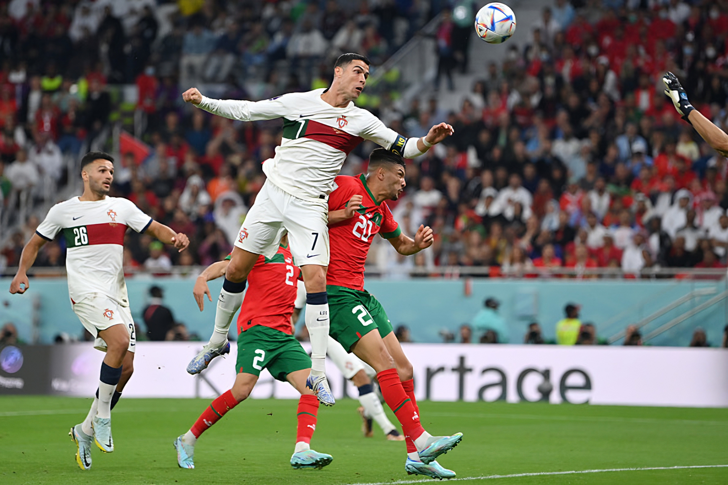 Cristiano Ronaldo is not a Chelsea striker target, pictured here heading a ball against Morocco in the Qatar World Cup