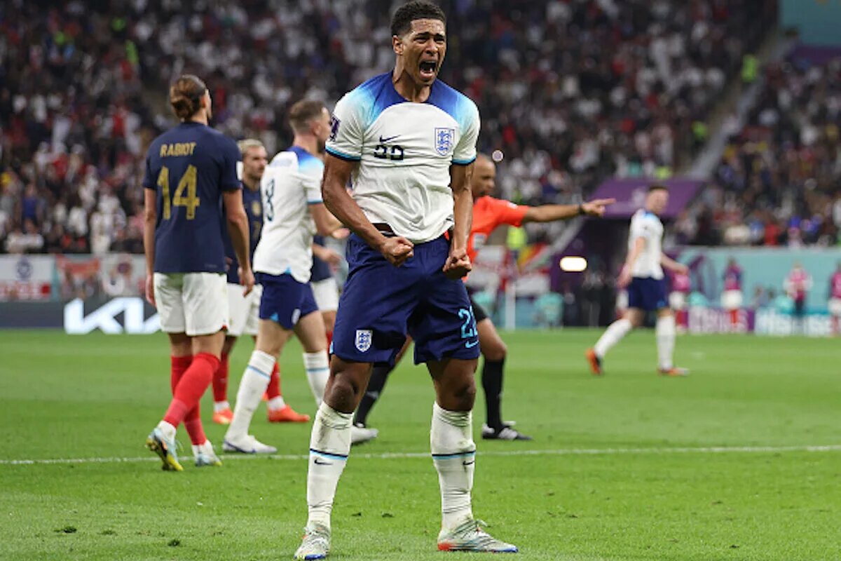 Jude Bellingham, who tops our list of the 10 best English players currently at foreign clubs, celebrating during England vs France