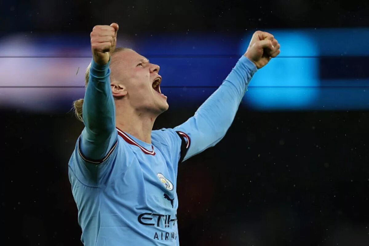 Erling Haaland celebrating, expected to play in Chelsea vs Manchester City