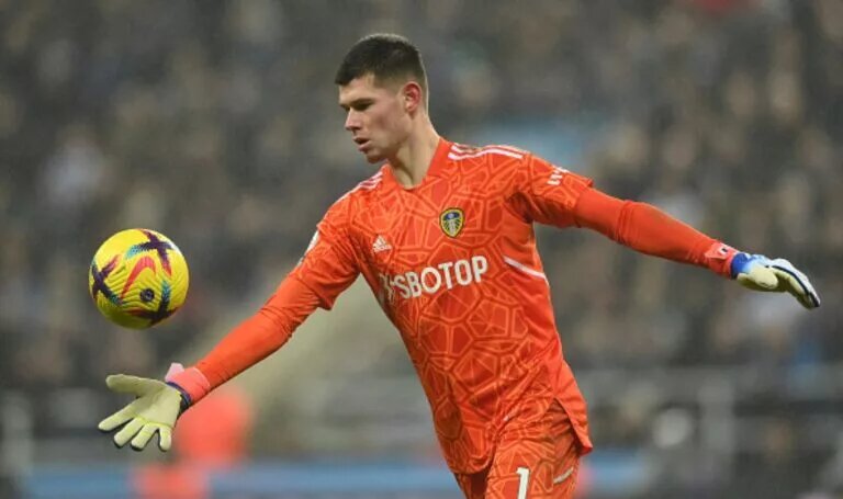 Illan Meslier, seen kicking the ball, is in the Leeds United predicted lineup