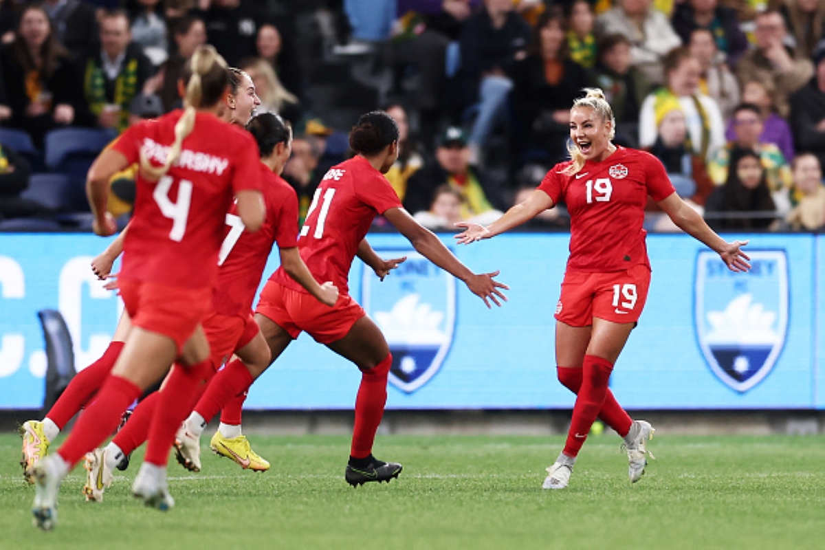 CanWNT’s Adriana Leon Celebrates Second Goal Against Australia With Teammates Five Months Before the 2023 SheBelieves Cup