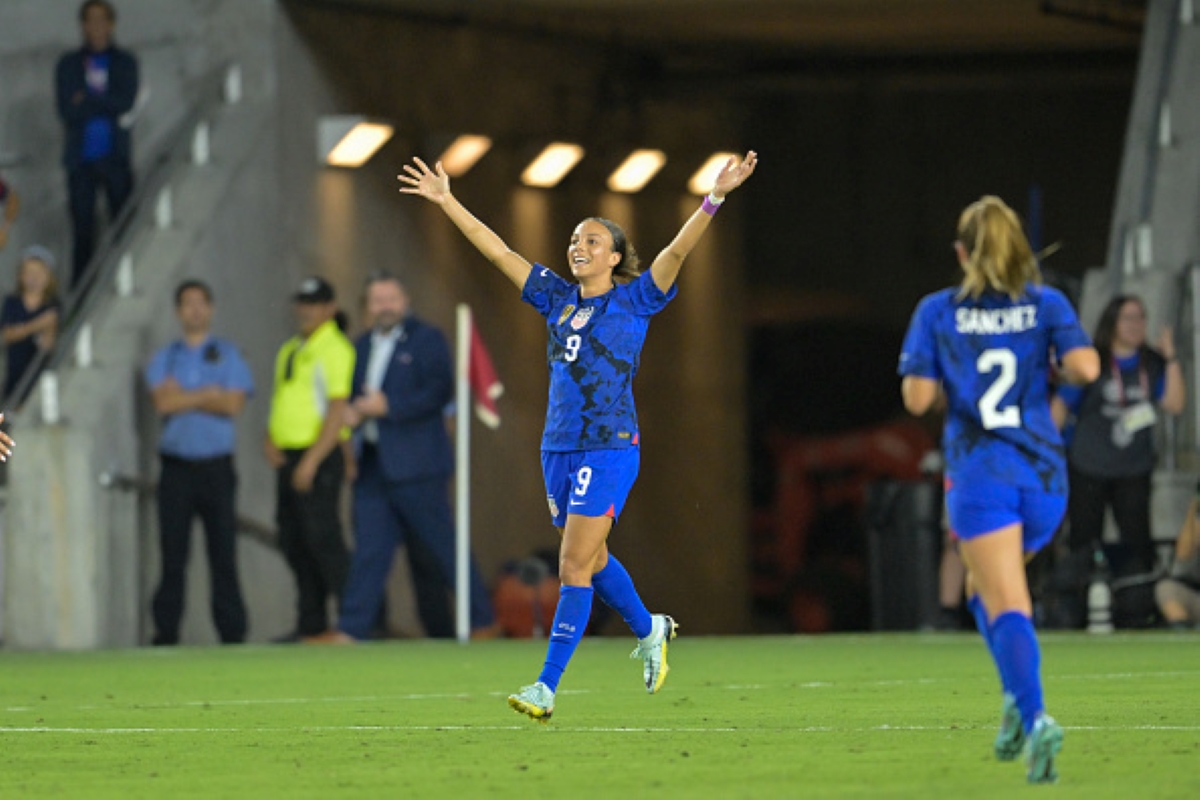 USWNT’s Mallory Swanson Celebrates One of Her Two Goals Scored on Thursday at Exploria Stadium