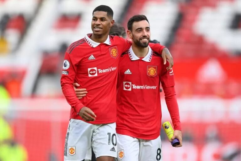 Manchester United’s Marcus Rashford and Bruno Fernandes at Old Trafford