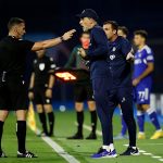 Thomas Tuchel speaks with Referee Istvan Kovacs during the UEFA Champions League group E match between Dinamo Zagreb and Chelsea FC