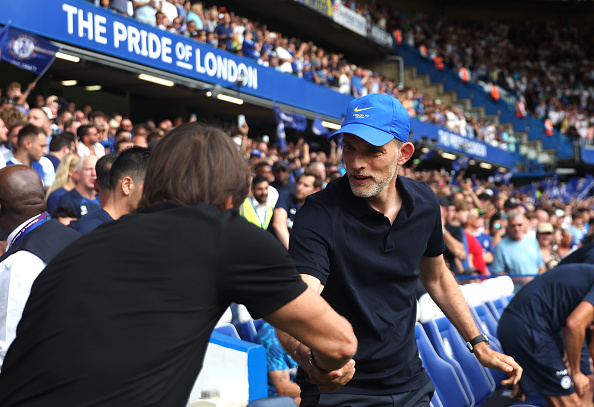 Antonio Conte shakes the hand of the potential next Tottenham Hotspur Manager Thomas Tuchel.