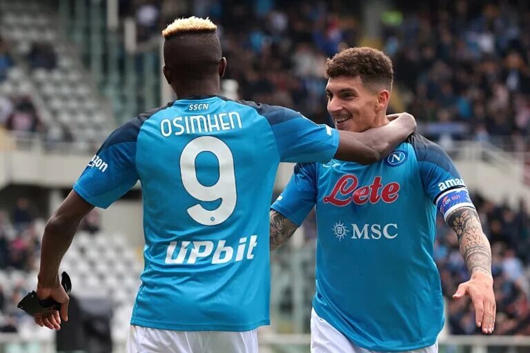Victor Osimhen and Giovanni Di Lorenzo embrace after scoring