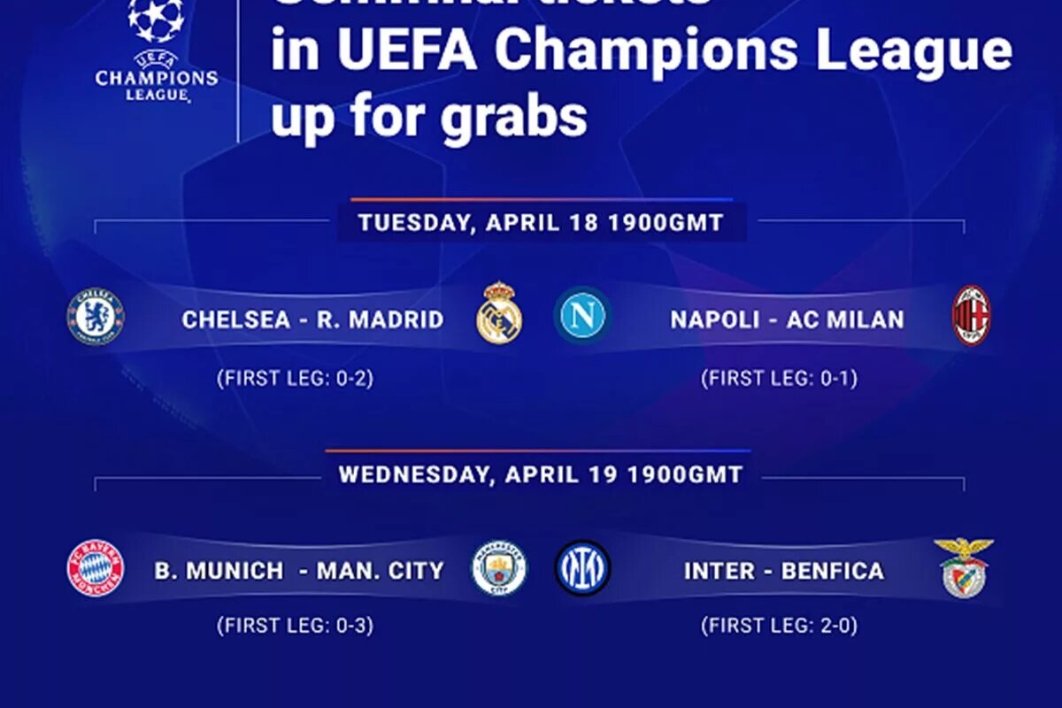 Chelsea vs Real Madrid - image showing Champions League QF fixtures