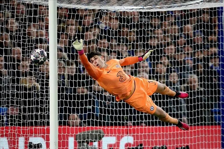 Kepa Arrizabalaga dives across his goal, guiding his Chelsea team into the Champions League 2022-23 Quarter-Finals.