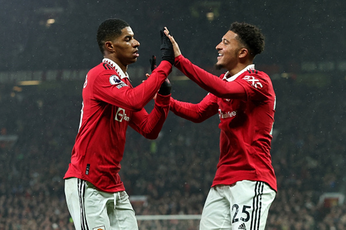 Manchester united predicted lineup - Marcus Rashford and Jadon Sancho celebrate goal