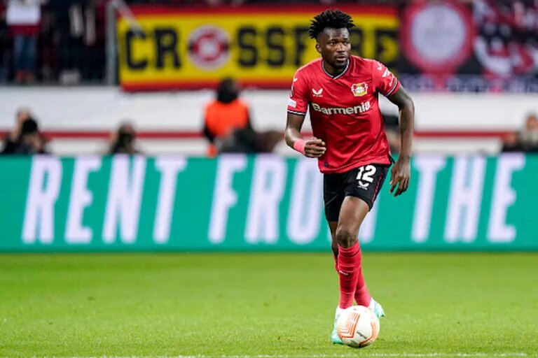 Edmond Tapsoba, who has attracted interest form Arsenal and Tottenham, playing for Bayer Leverkusen