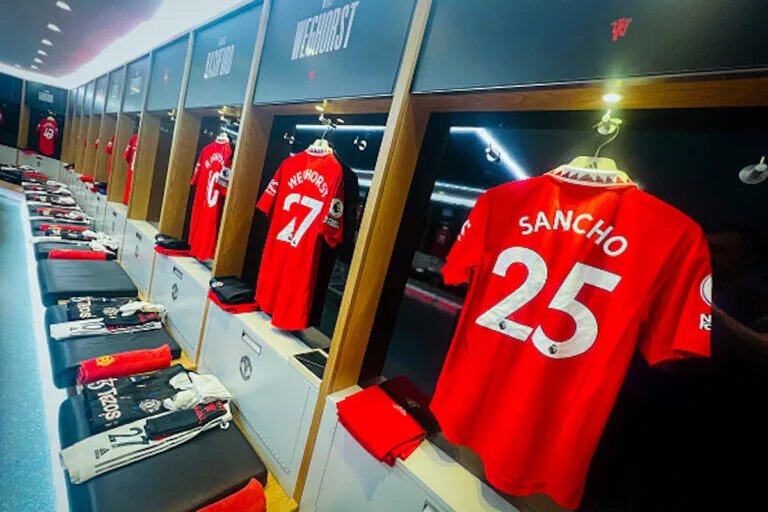 Manchester United dressing room which next season will include the Manchester United 2023/24 home shirt
