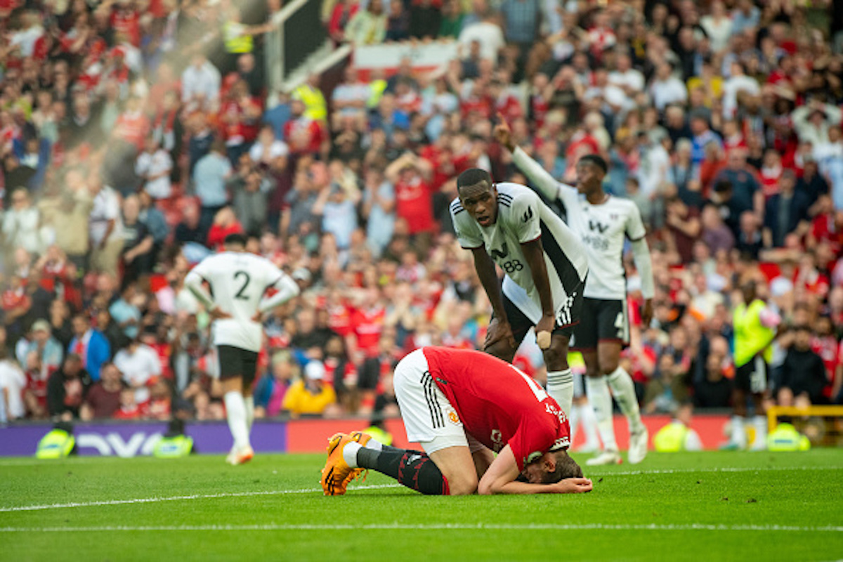 Manchester United striker Wout Weghorst on the floor after missing a good chance in the dying minutes against Fulham