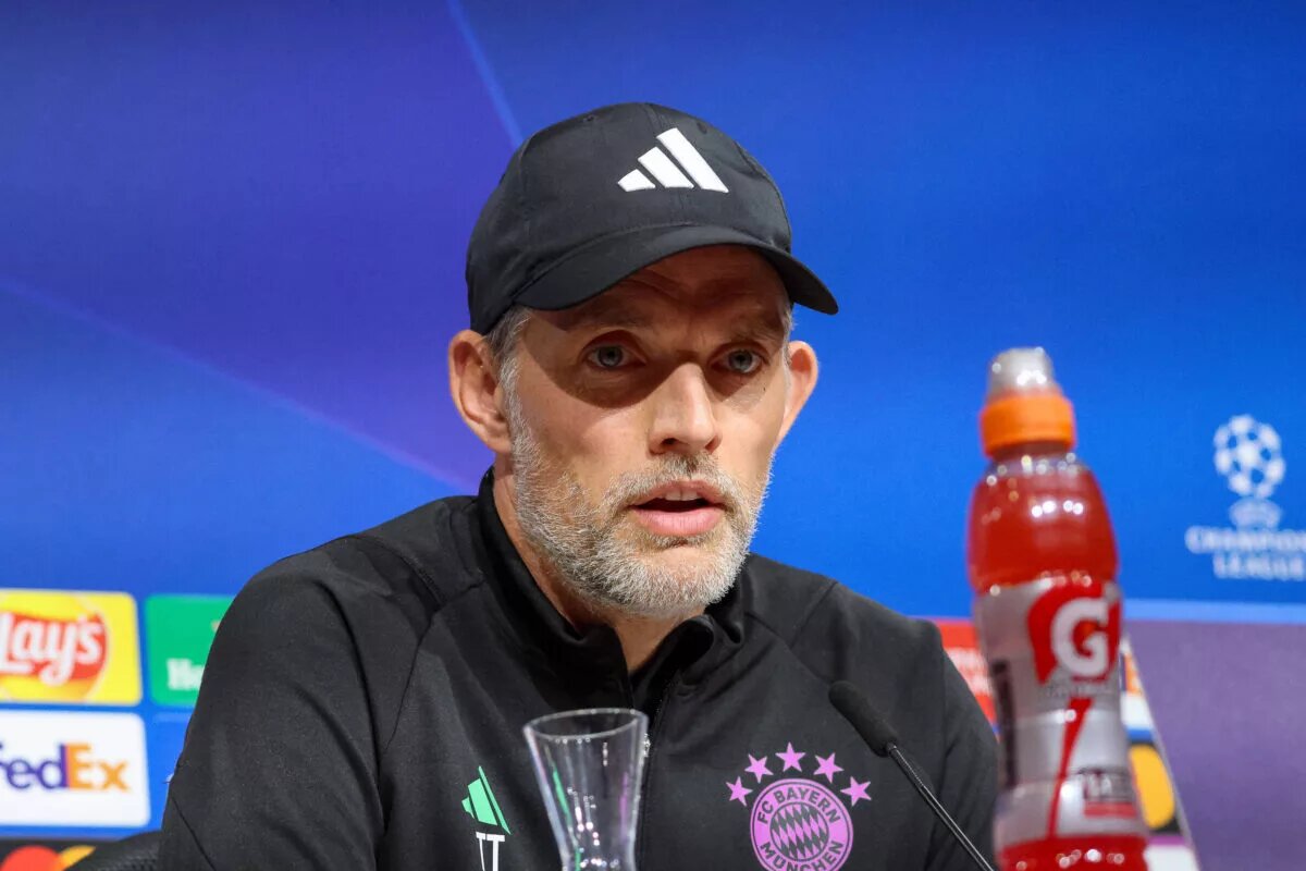 Thomas Tuchel speaks to the media in a Bayern Munich jacket