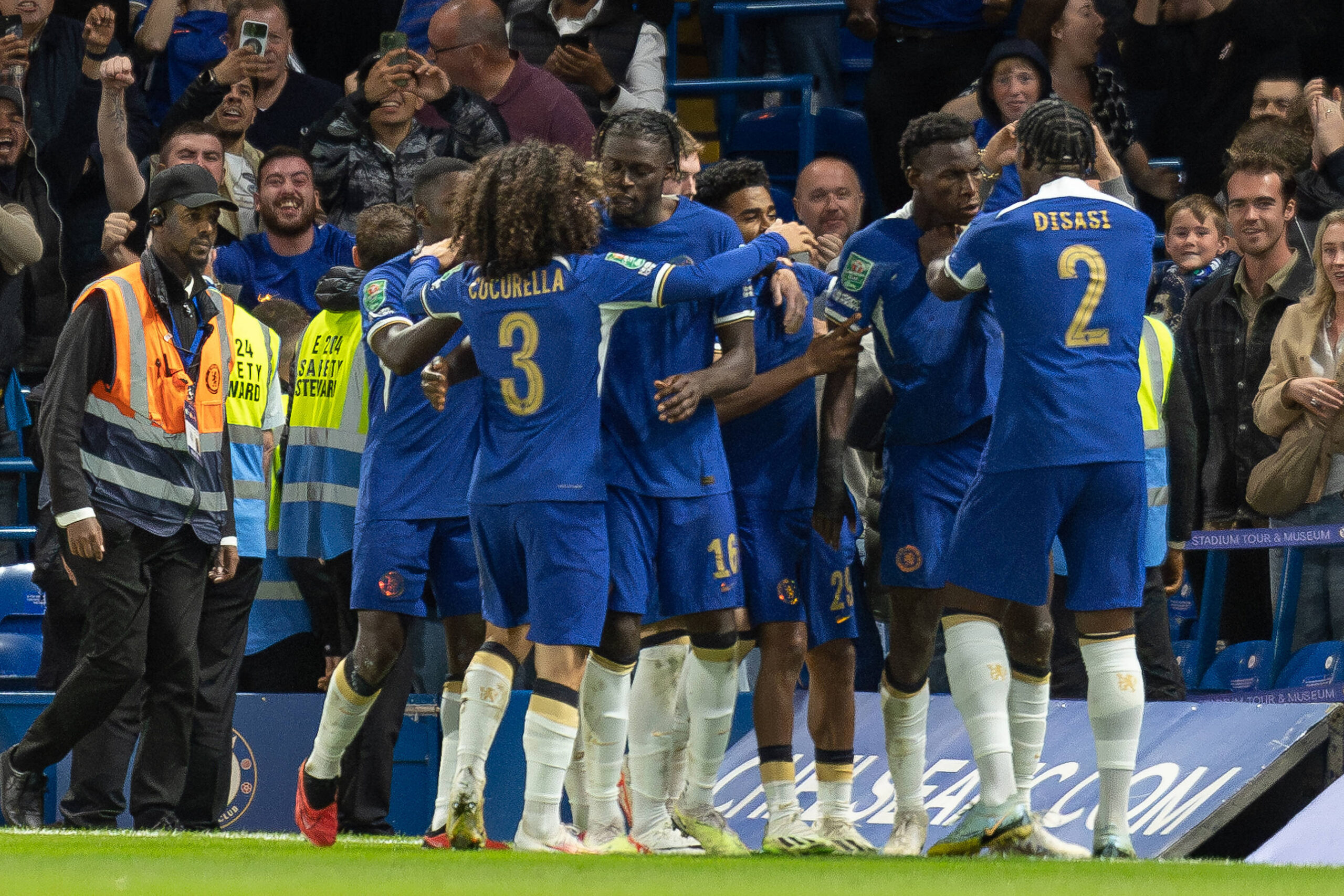 Chelsea players celebrate goal vs Brighton