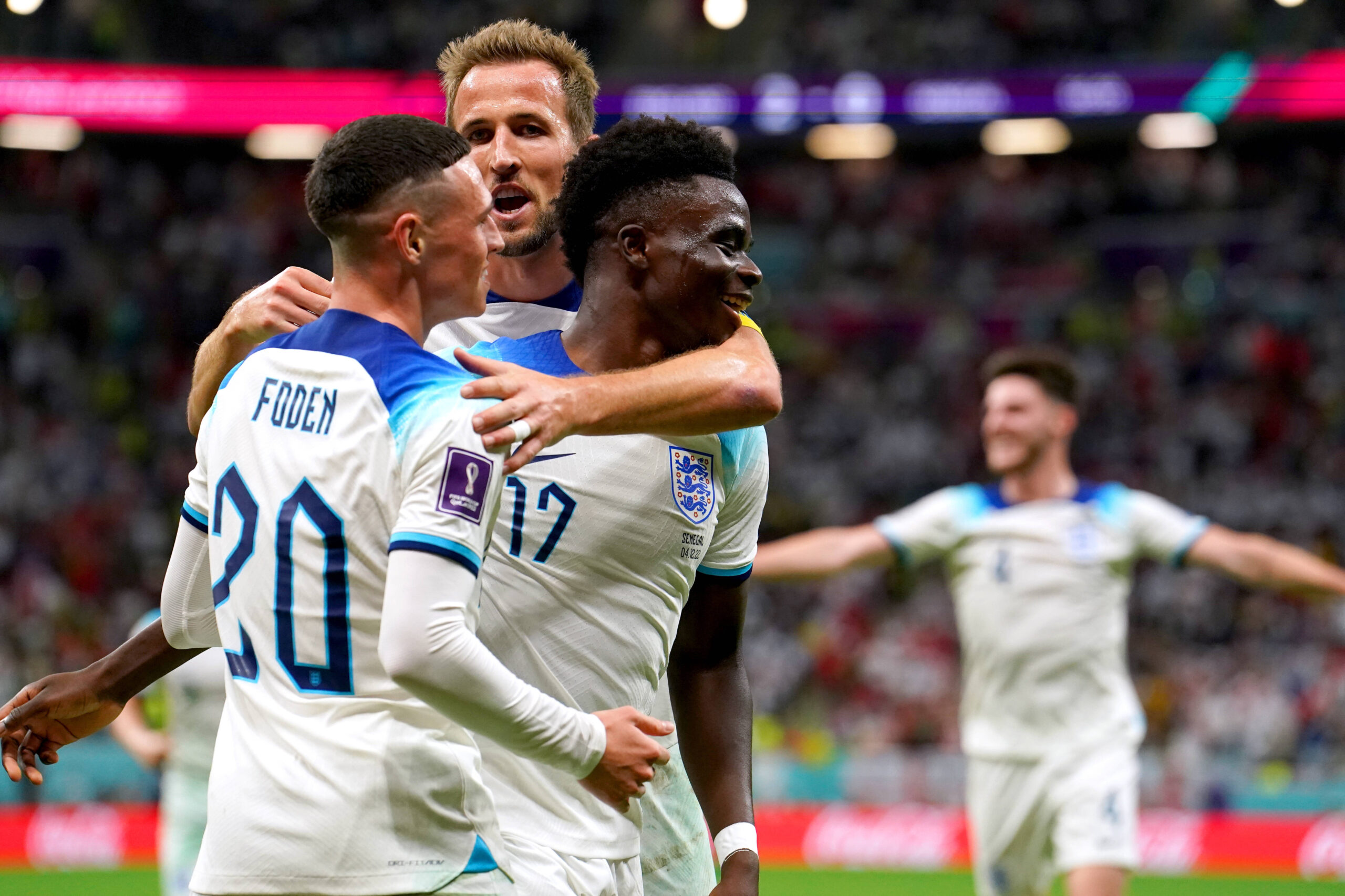 England players celebrate a goal at the World Cup