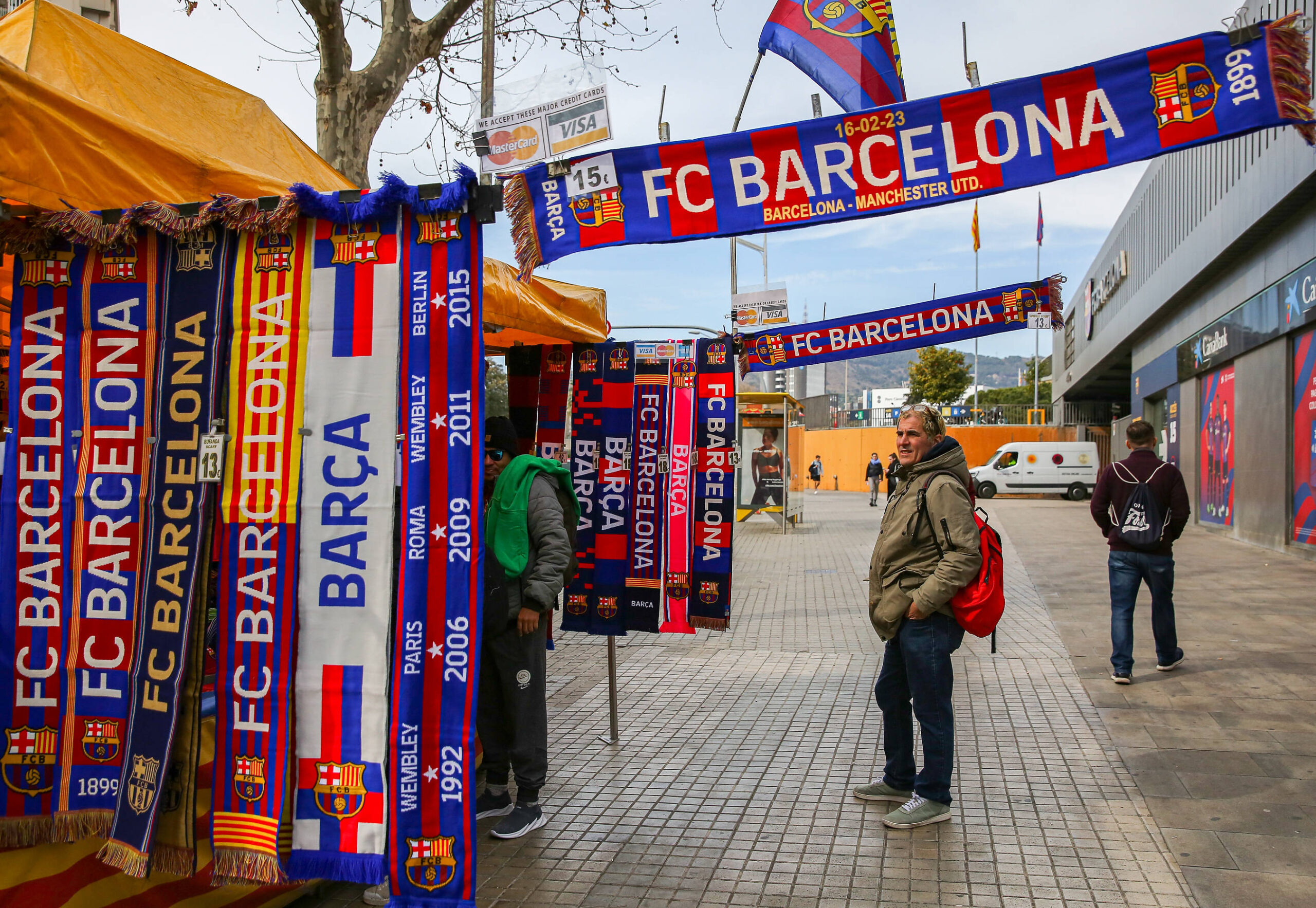 Barcelona, General View outside Camp, scarf seller stall