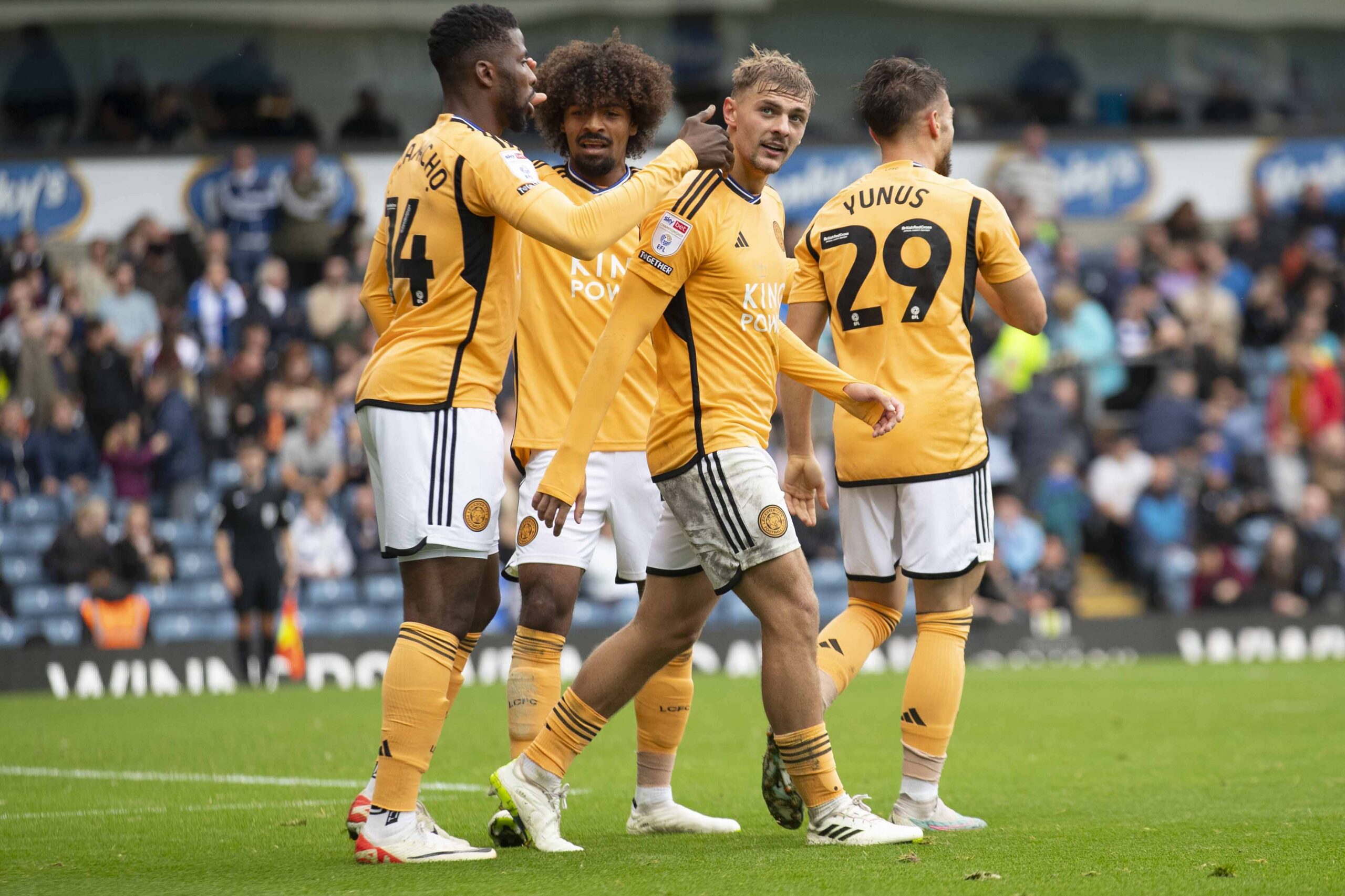 Leicester City players celebrate a goal