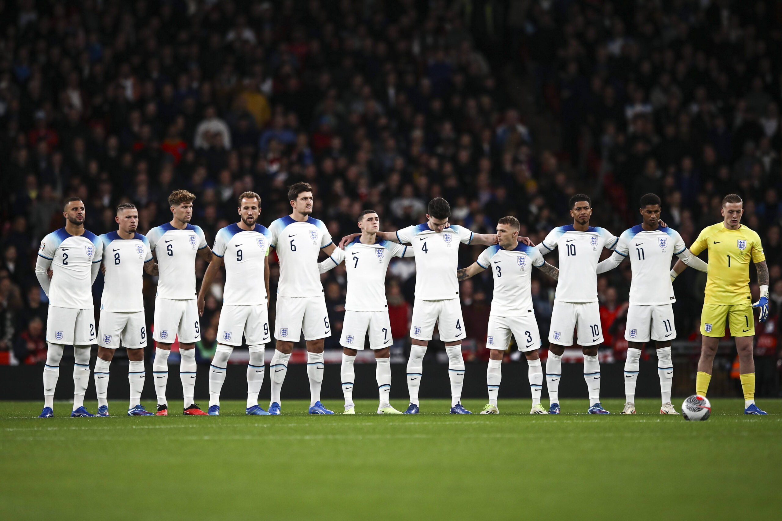 England players lineup before their clash against Italy in the Euro Qualifiers.