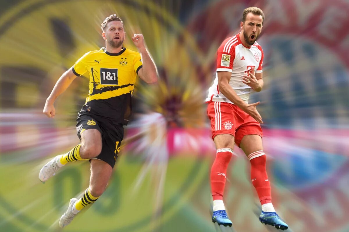 `Promo image for Bayern Munich vs Borussia Dortmund featuring Harry Kane and Niclas Fullkrug