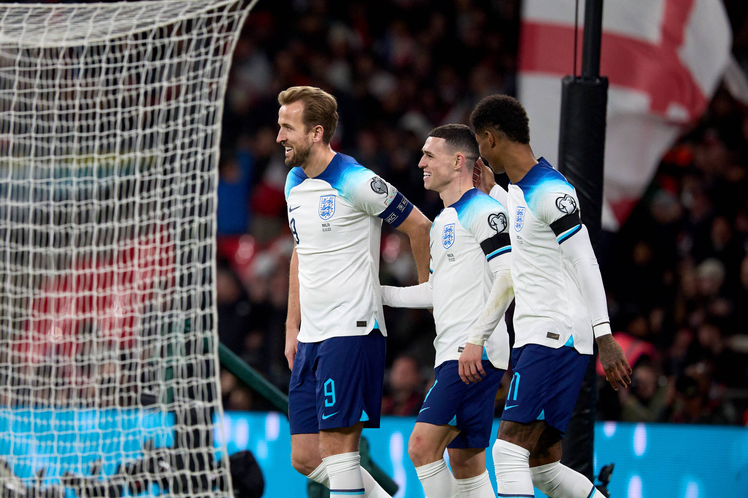 Harry Kane R, Phil Foden C and Marcus Rashford R, of England celebrate after England s 1-0 goal during the UEFA EURO 2024 group C qualification round match between England and Malta at Wembley Stadium,