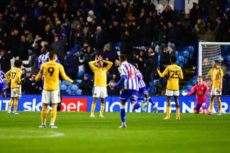 Leicester City players react to opponent equaliser