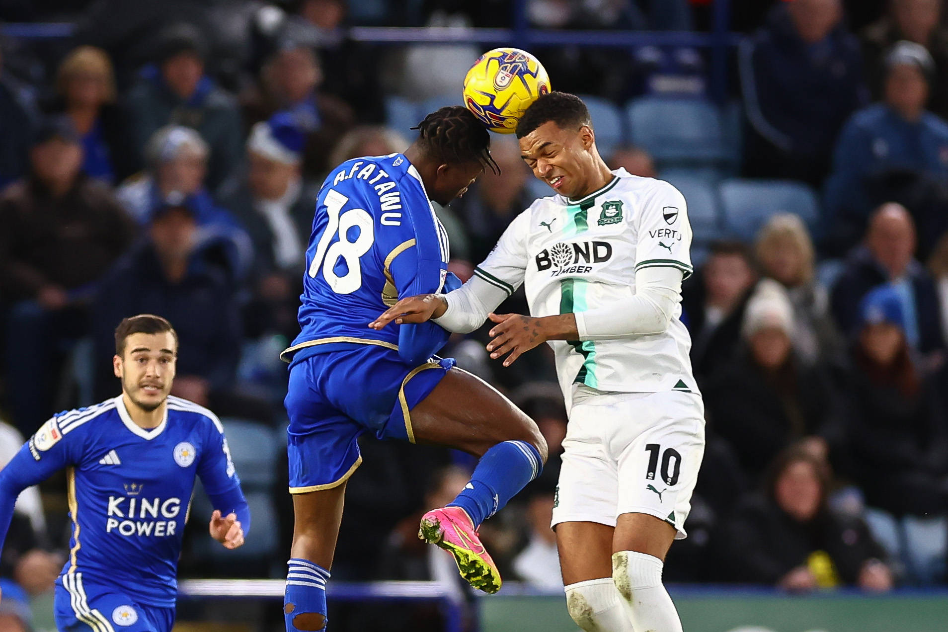 Leicester and Plymouth players compete for the ball in the air