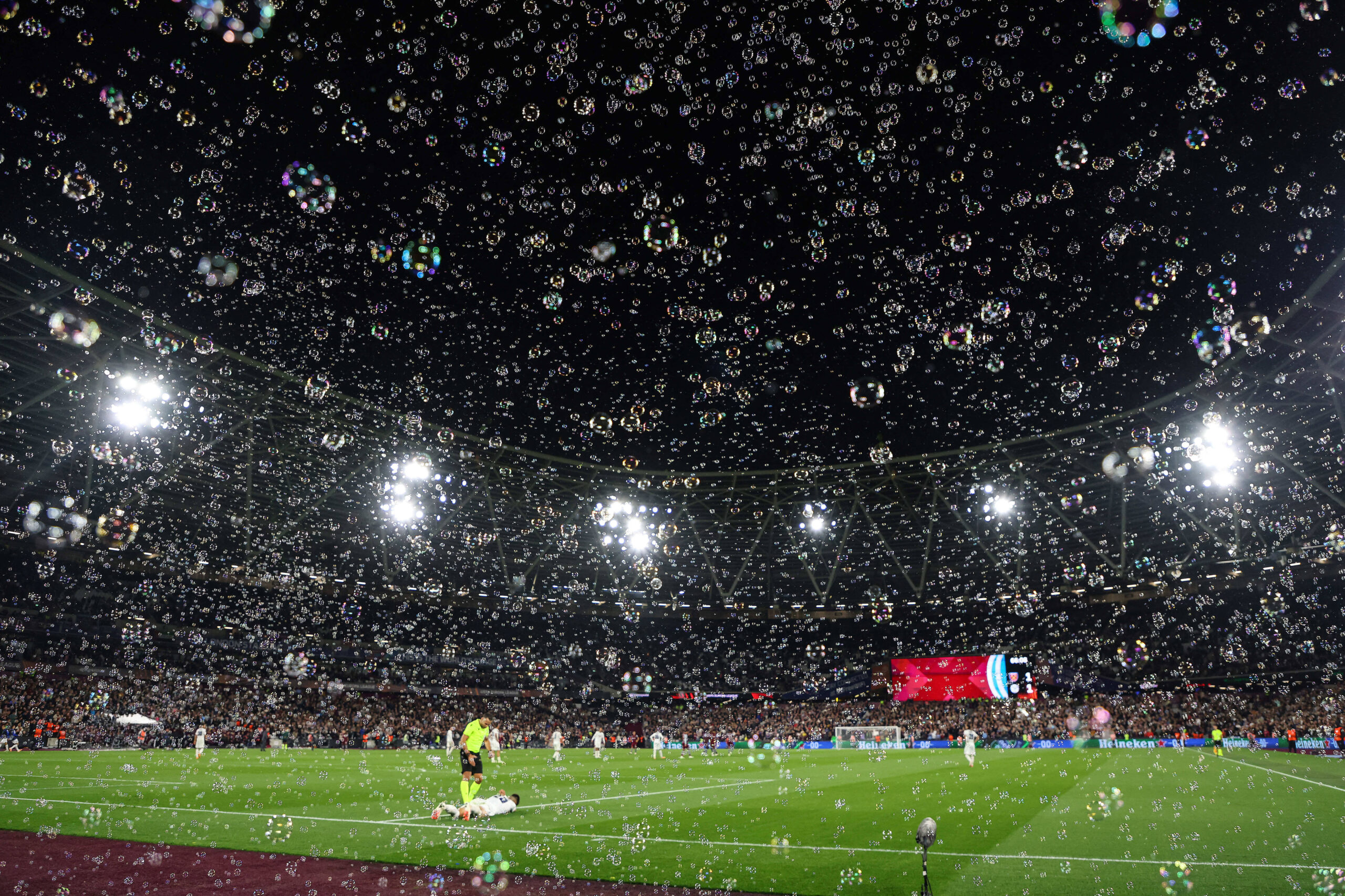 West Ham's London Stadium with bubbles blowing in celebration