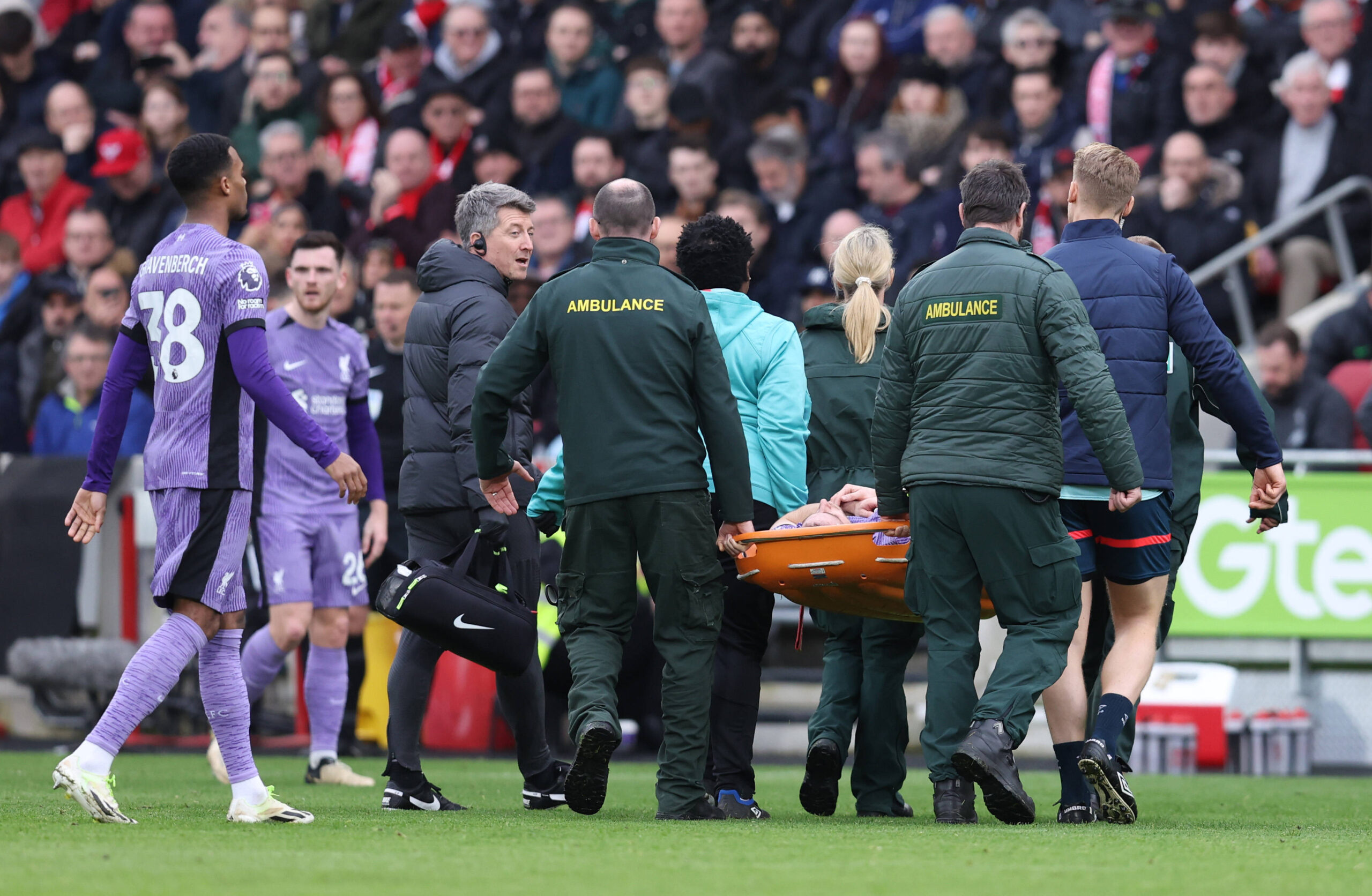 Liverpool's Diogo Jota is stretchered off.