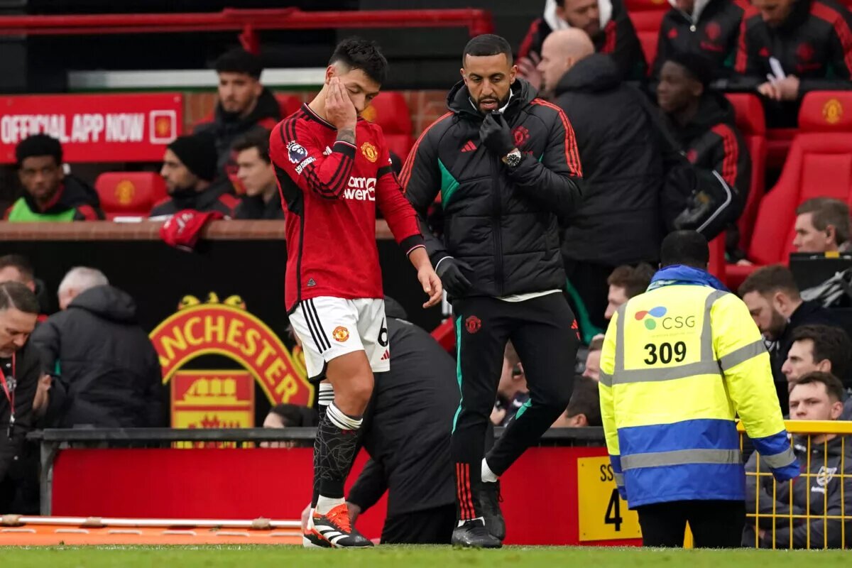 Manchester United's Lisandro Martinez hobbles off during 3-0 victory over West Ham United