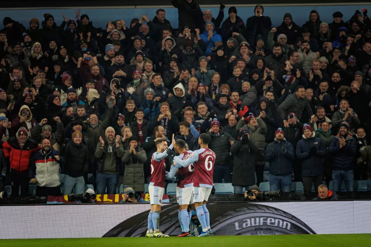 Aston Villa players celebrate goal in Conference League tie