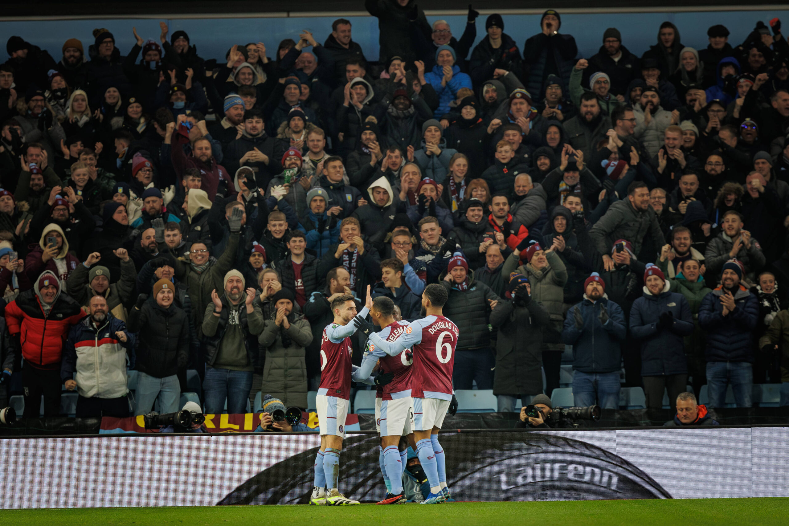 Aston Villa players celebrate goal in Conference League tie