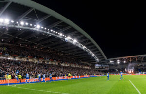 Image showing Brighton & Hove Albion players celebrating in front of a packed stand vs Marseille