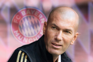 Edited image of Zinedine Zidane showing the BayernMunich logo in the background