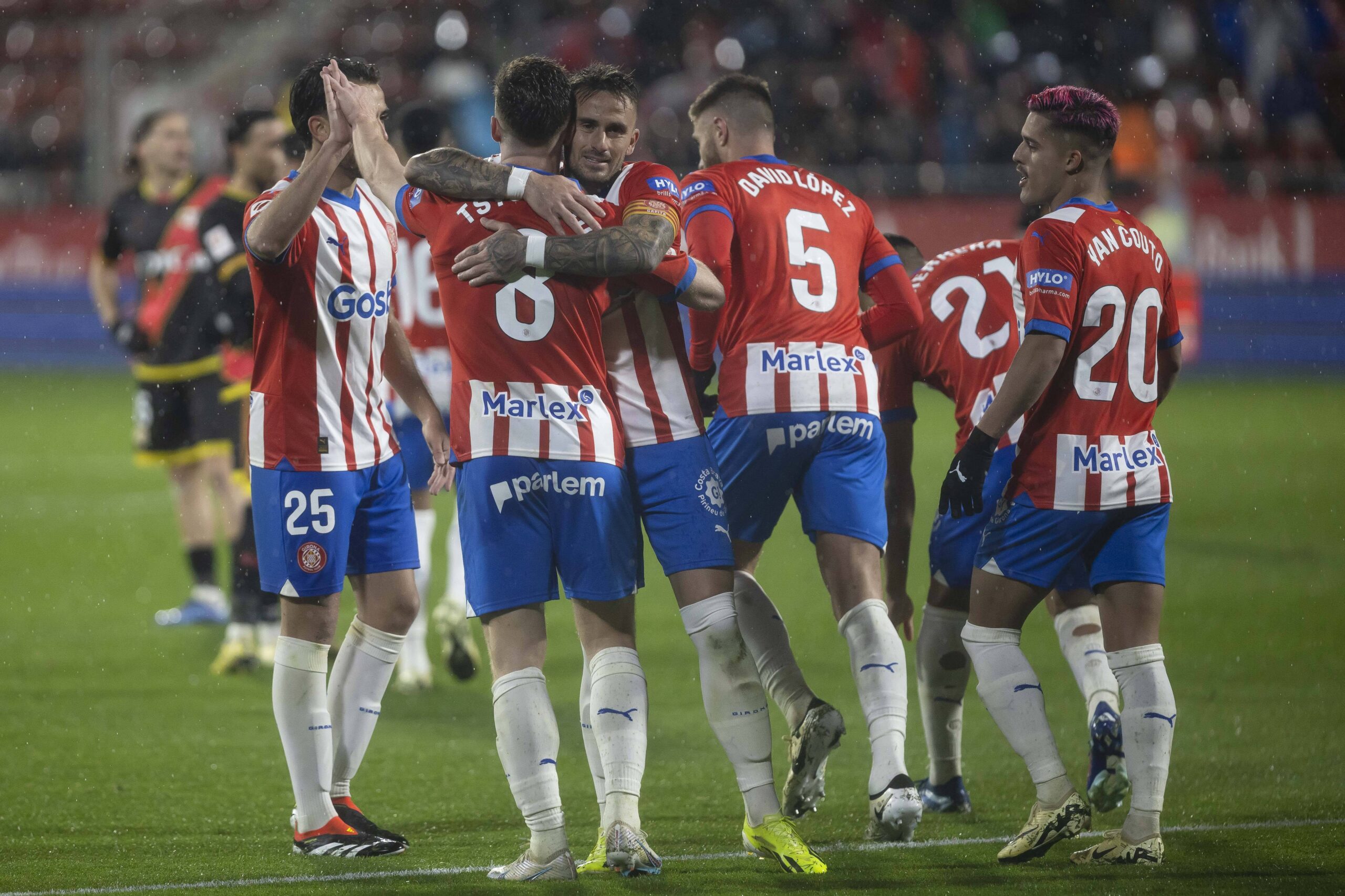 Girona players celebrate goal