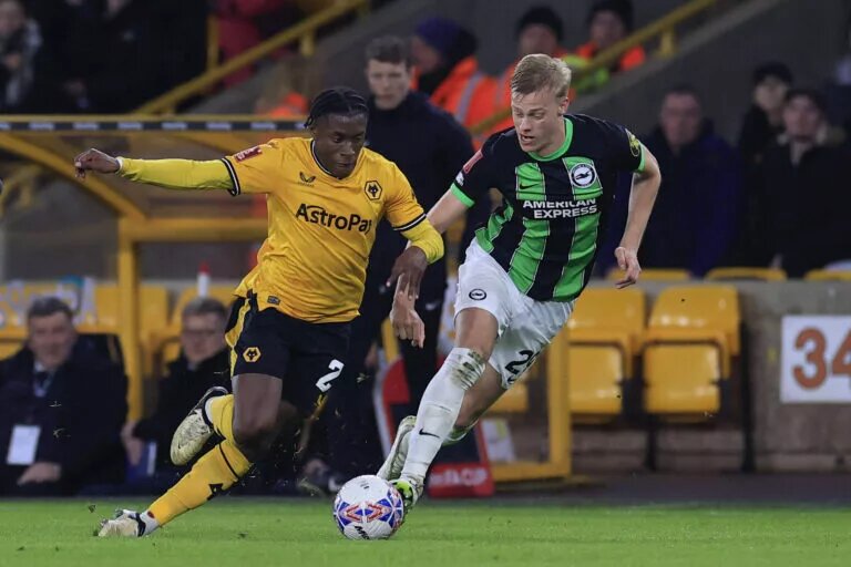 Wolves and Brighton player competing for the ball