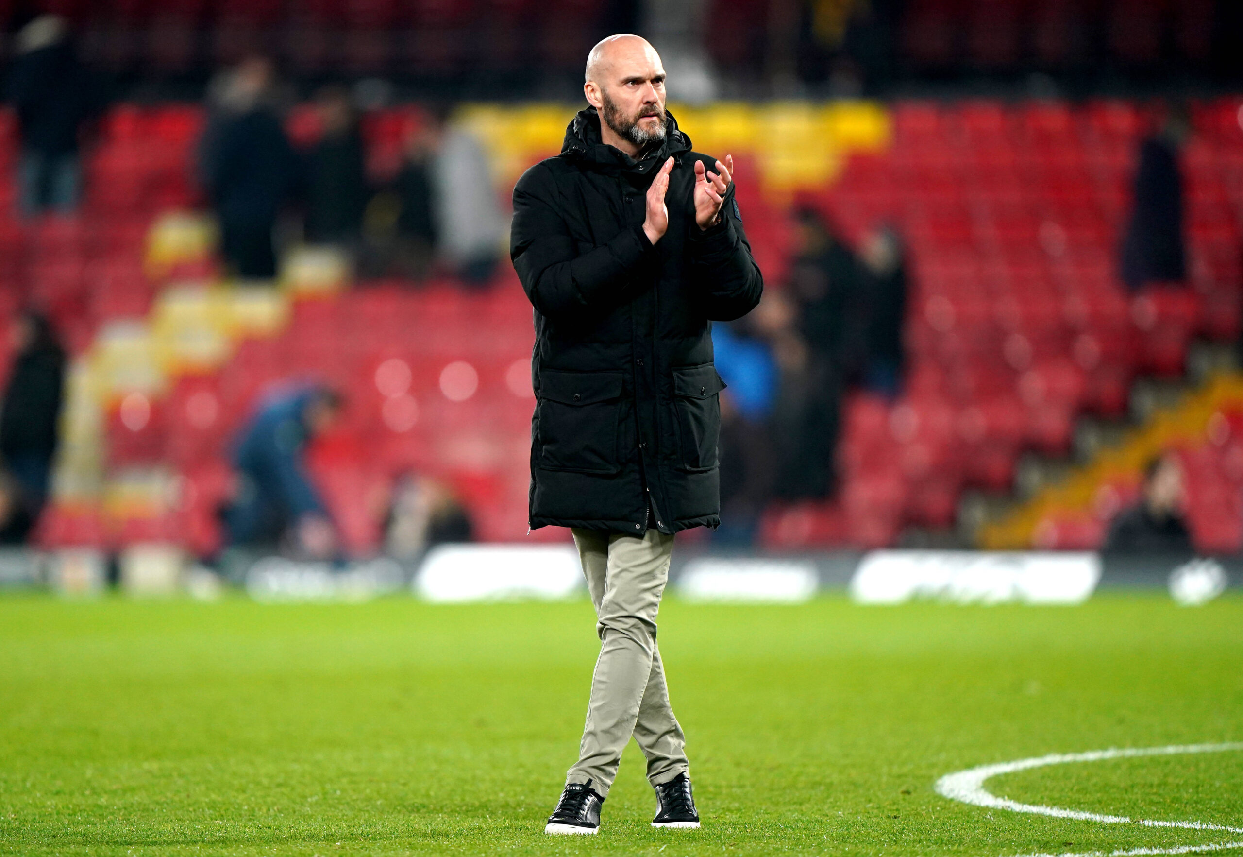 Swansea manager Luke Williams applauds fans after Watford clash