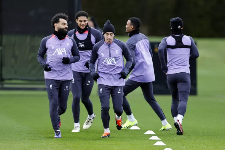 Mohamed Salah, Jarell Quansah, Kostas Tsimikas, Harvey Elliot, and Ryan Gravenberch in training.