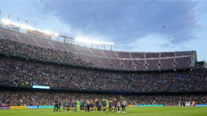 Barcelona Femeni squad line up at Camp Nou after their win over Chelsea Women