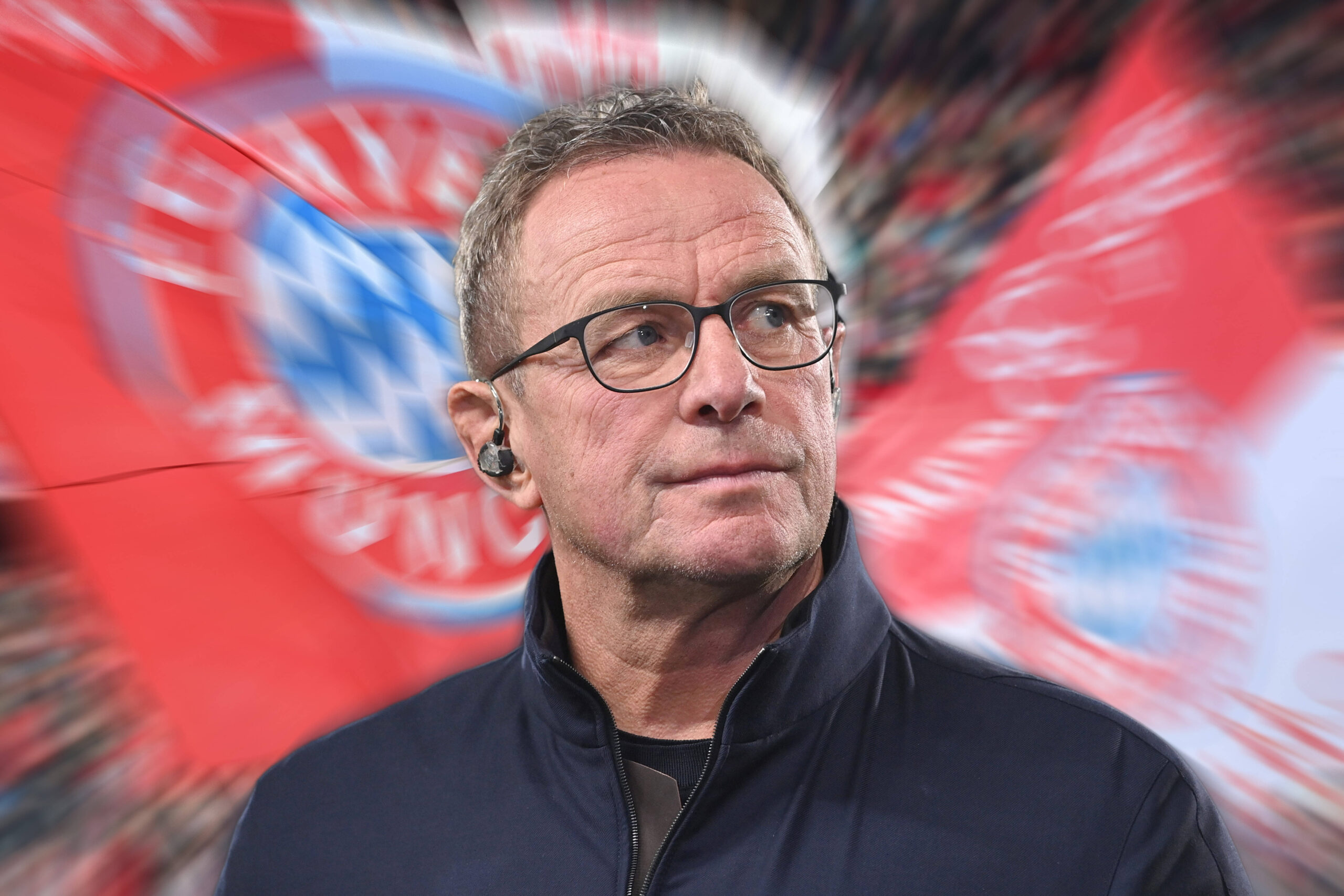 Edited image of Ralf Rangnick with the Bayern Munich flag in the background