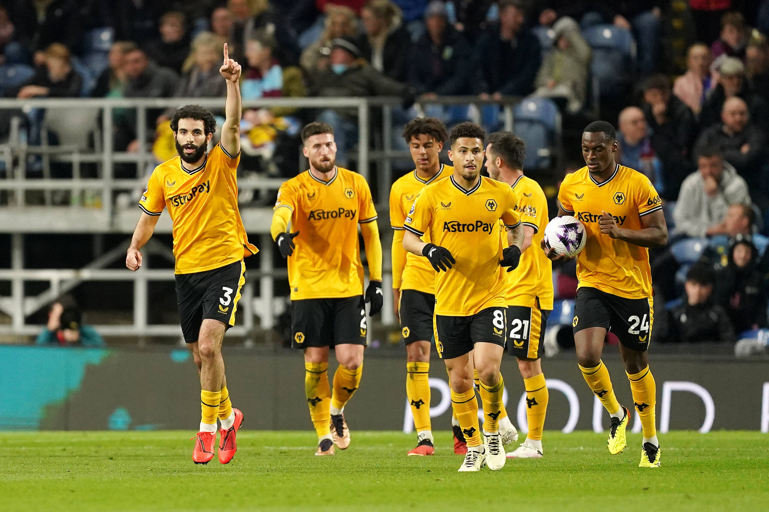 Rayan Ait-Nouri celebrates with his Wolves team-mates after scoring against Burnley