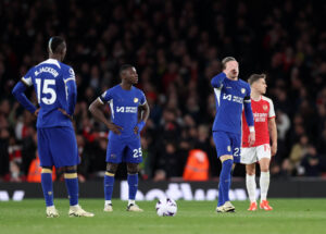 Chelsea players prepare for kick off after conceding yet another goal against Arsenal. Conor Gallagher appears particularly distressed