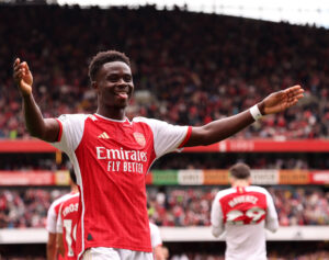 Arsenal winger Bukayo Saka celebrates after scoring against AFC Bournemouth in the Premier League