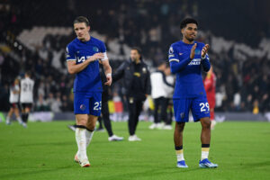 Chelsea's Conor Gallagher and Ian Maatsen following a game against Fulham in the Premier League.