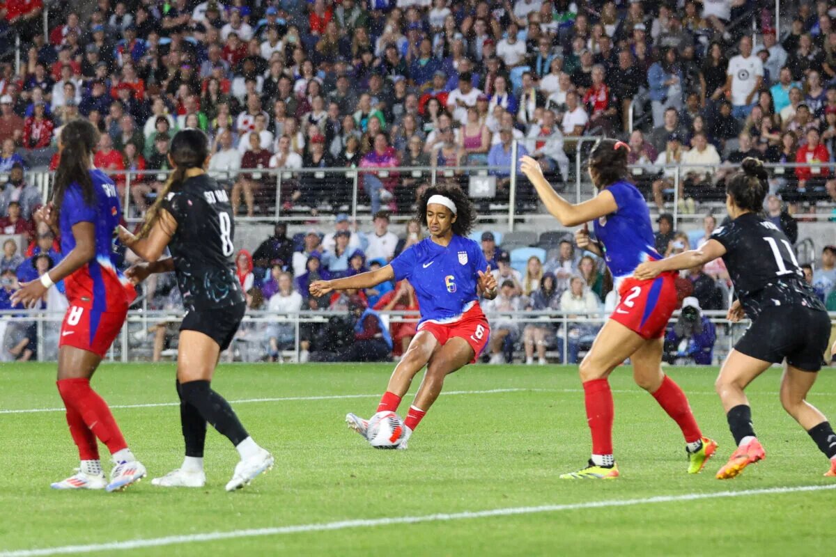 Lily Yohannes strikes the ball toward goal