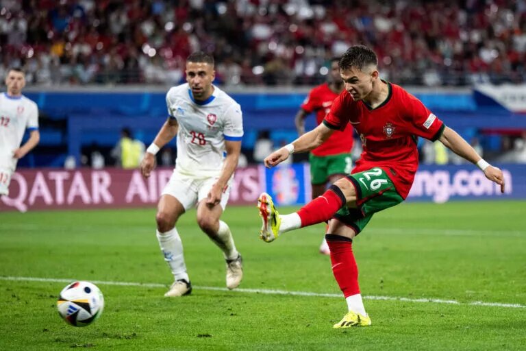 Portugal's Francisco Conceicao celebrates his winner against Czechia in his nation's opener in Euro 2024.