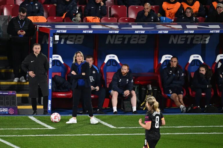 Sonia Bompastor pictured in the dugout during Chelsea match