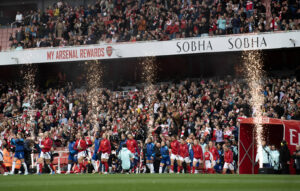 Chelsea Women and Arsenal Women enter the pitch at the Emirates